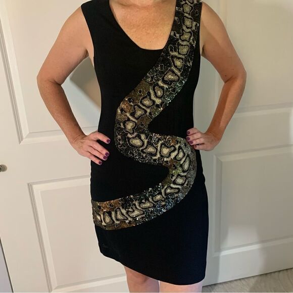 Roberto Cavalli Vintage Snake Sequence Black and Brown Mini Dress - Picture 1 of 6